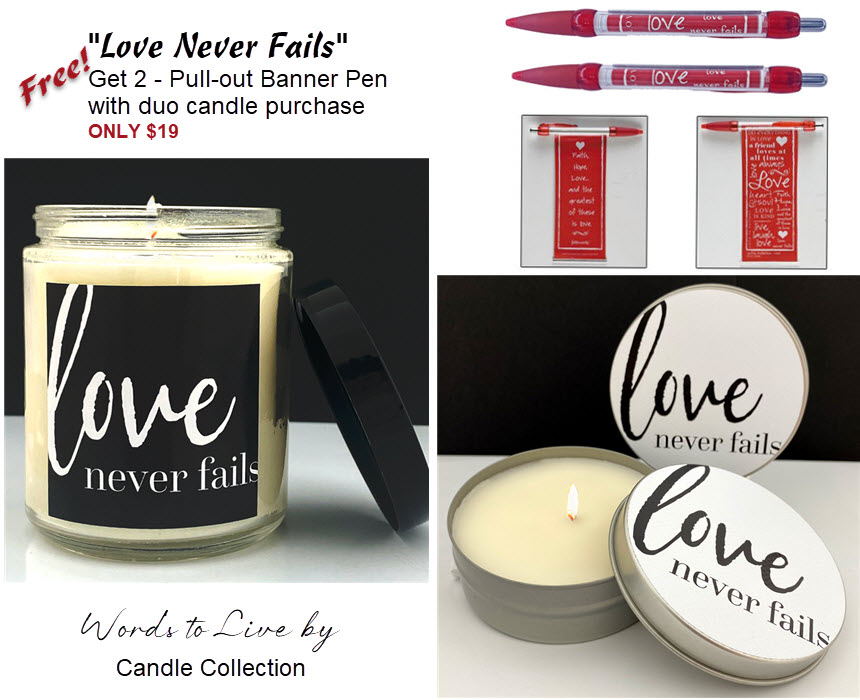 LOVE NEVER FAILS - GLASS & TIN CANDLE with 2 MATCHING  PENS
