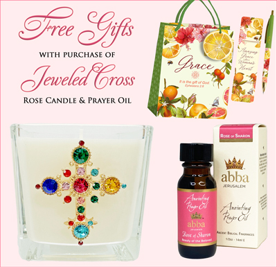 FREE GIFT BAG/PEN& BOOKMARK WITH 1/2 OZ OIL & JEWELED CROSS CANDLE