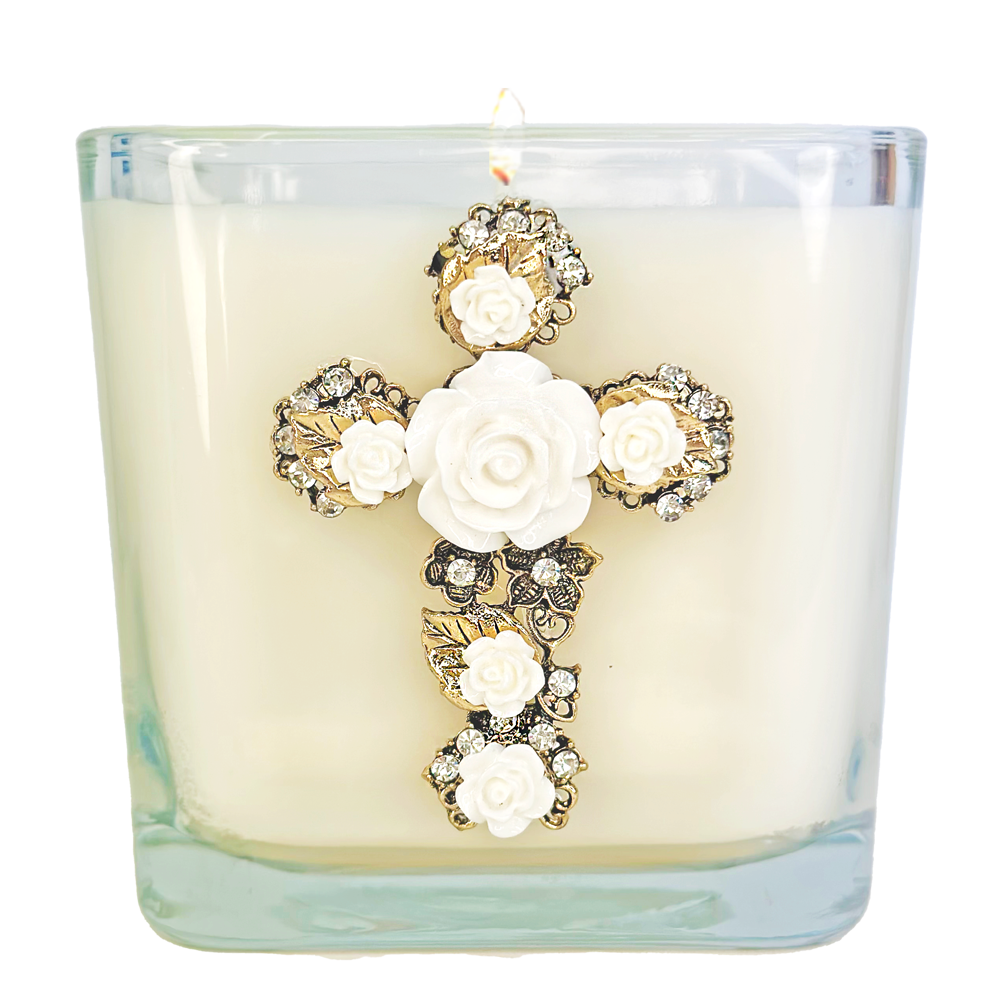 ROSE JEWELED CROSS CANDLE W/ WHITE ROSES