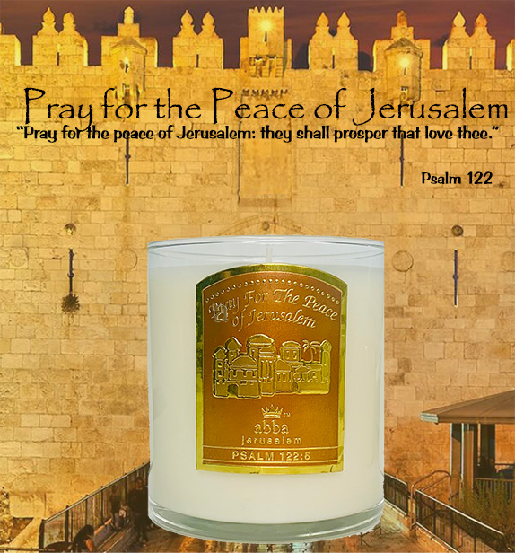 "PRAY FOR THE PEACE OF JERUSALEM" GLASS CANDLE - GATE