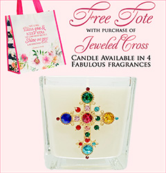 FREE TOTE WITH JEWELED CROSS CANDLE