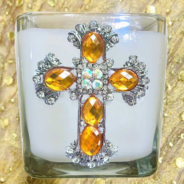 FRANKINCENSE JEWELED CROSS CANDLE - TOPAZ