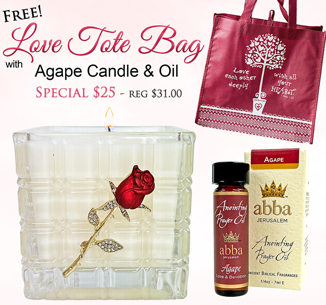 "FREE" TOTE - LOVE EACH OTHER w/ AGAPE - 1/4 oz & JEWELED ROSE CANDLE  - MEDIUM