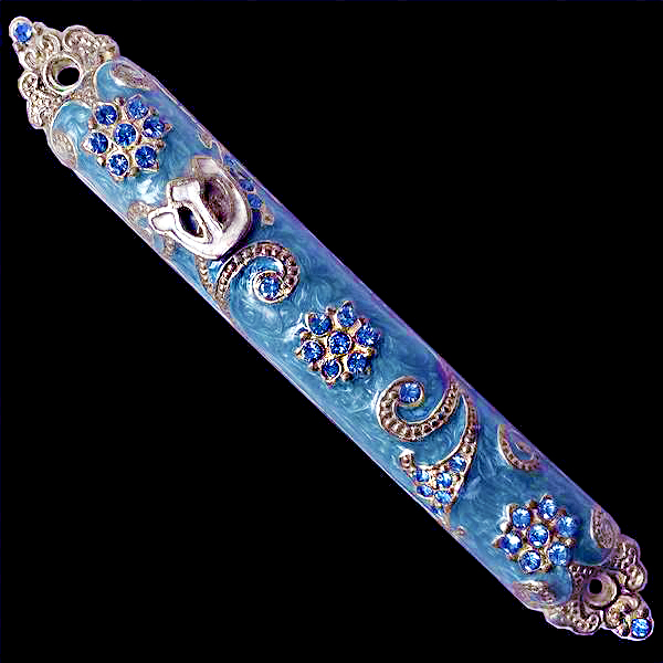 Blue Jeweled Mezuzah with Artistic Star of David