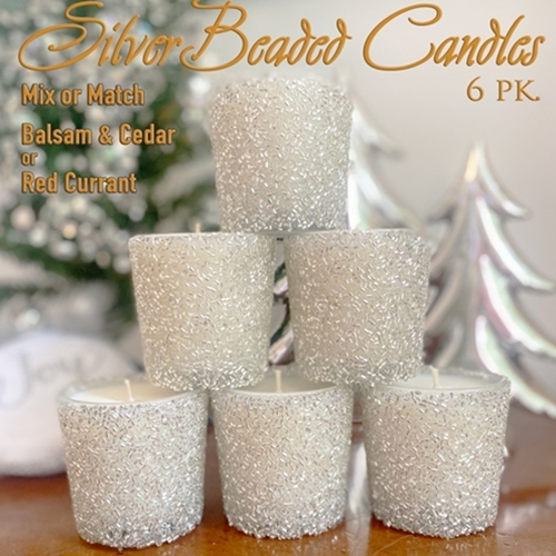 BEAUTIFUL HOLIDAY SILVER BEADED CANDLES-6 pk
