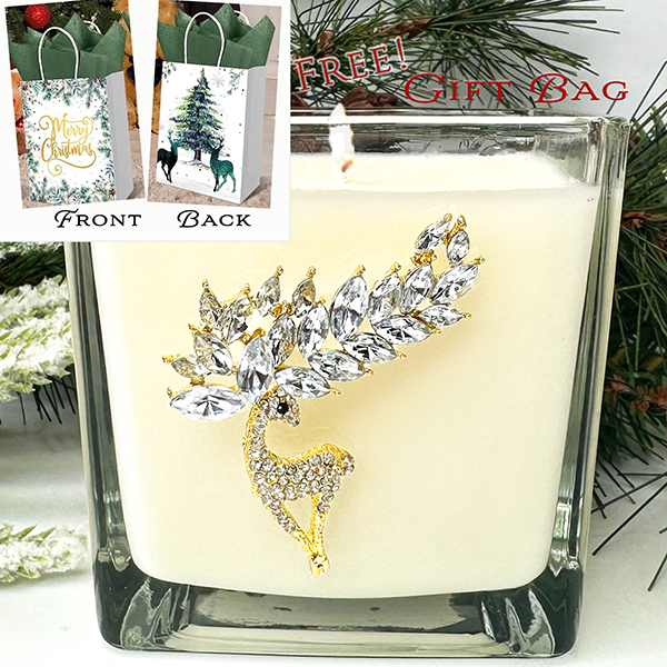 FREE BAG - JEWELED GOLD CRYSTAL "DEER" CANDLE - HOLLY BERRY & IVY