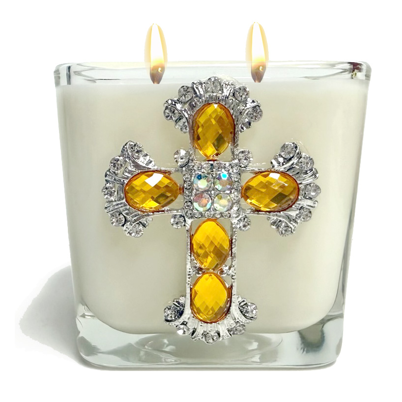 FRANKINCENSE JEWELED CROSS CANDLE - TOPAZ