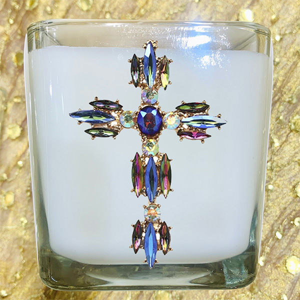 FRANKINCENSE & MYRRH IRRIDESCENT JEWELED CROSS CANDLE