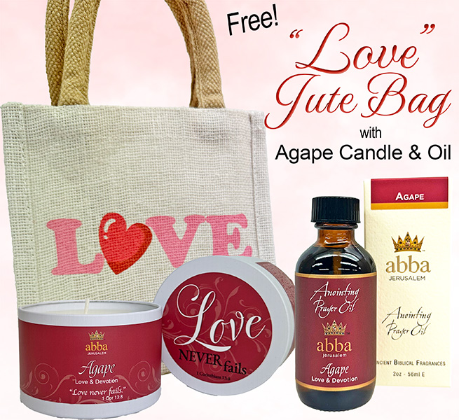 FREE "LOVE" JUTE BAG WITH AGAPE OIL - 2 oz & SCRIPTURE TIN CANDLE