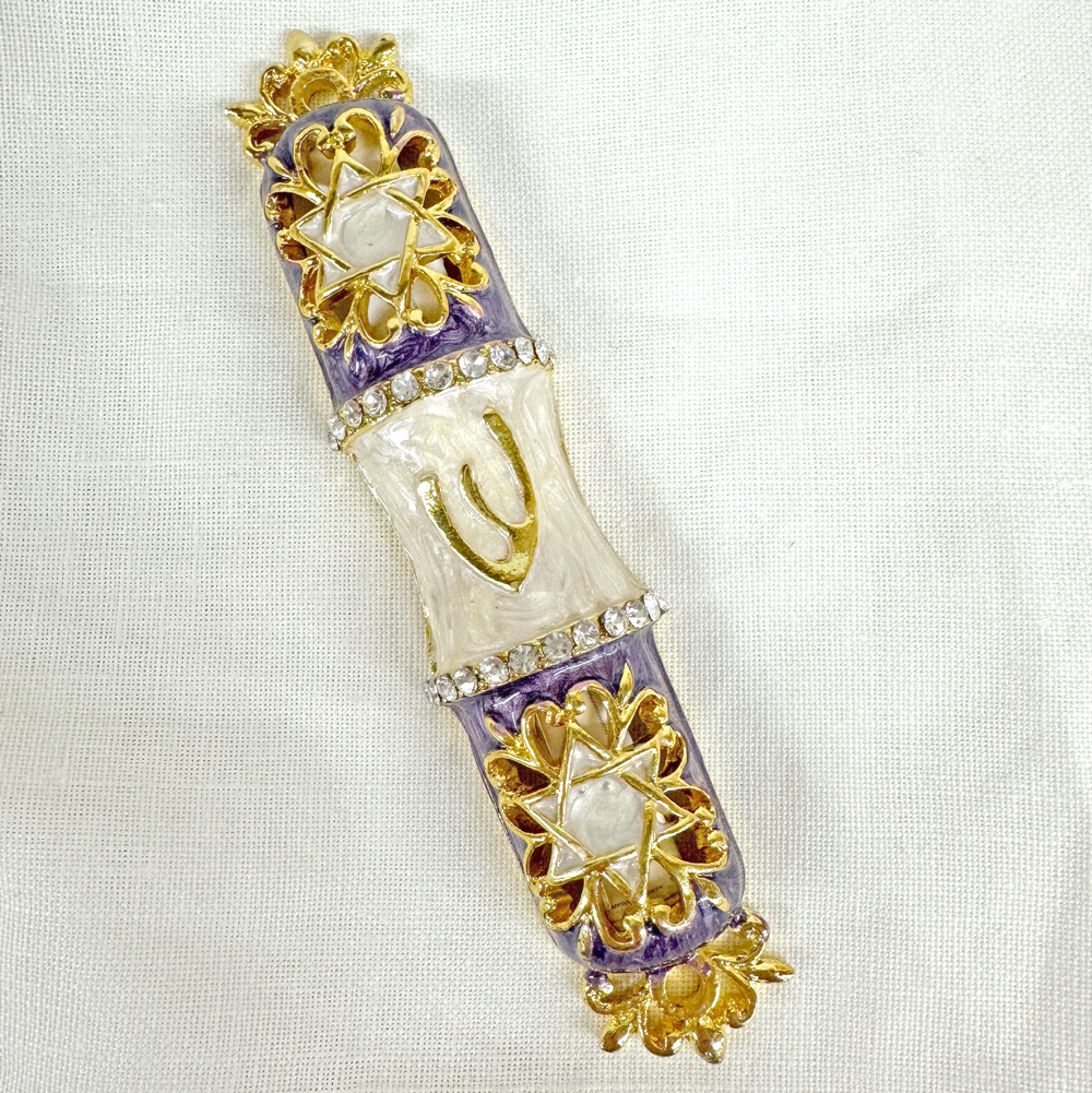 MEZUZAH - PURPLE & IVORY JEWELED, 2 STARS OF DAVID