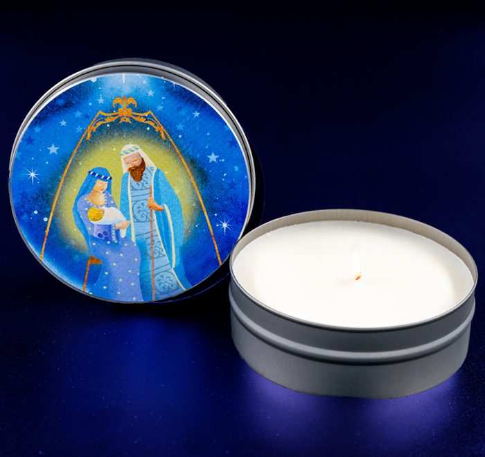HOLY FAMILY CANDLE TIN - HOLIDAY BLEND