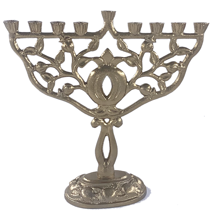 Hanukkiah - 9-Branch, Antique Gold - Artistic Pomegranates Menorah