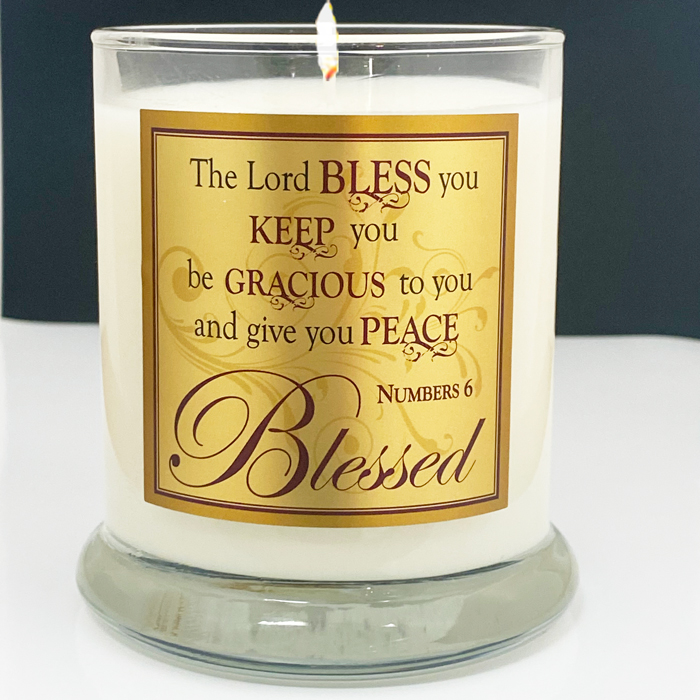 "THE LORD BLESS YOU" GLASS CANDLE - POMEGRANATE