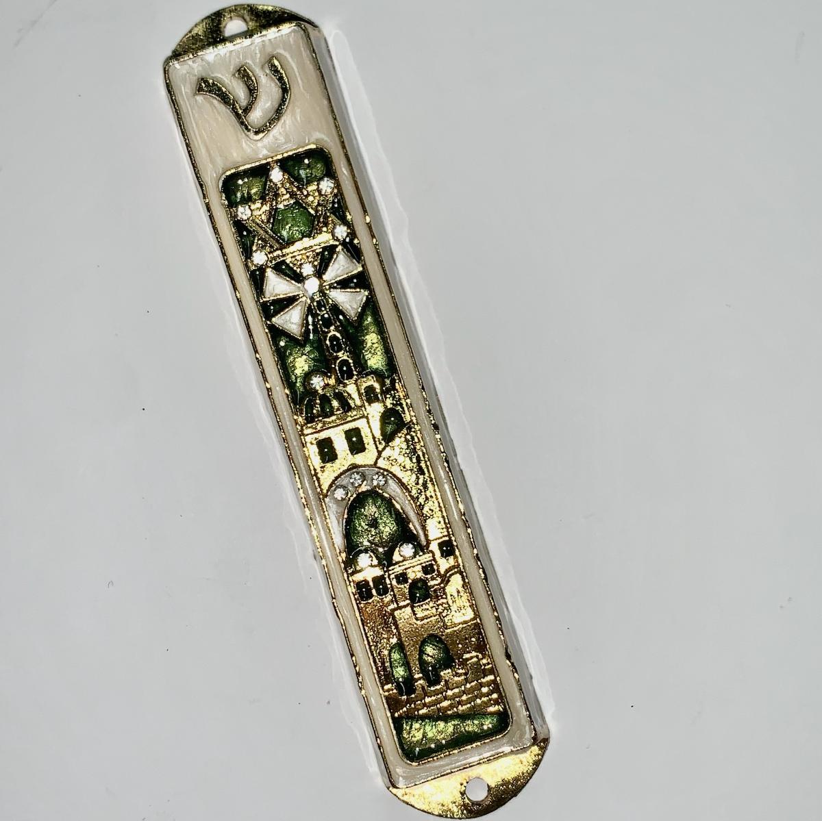 1 LEFT! Holy City with Jeweled Star - 5" - Ivory with Green Accent Mezuzah