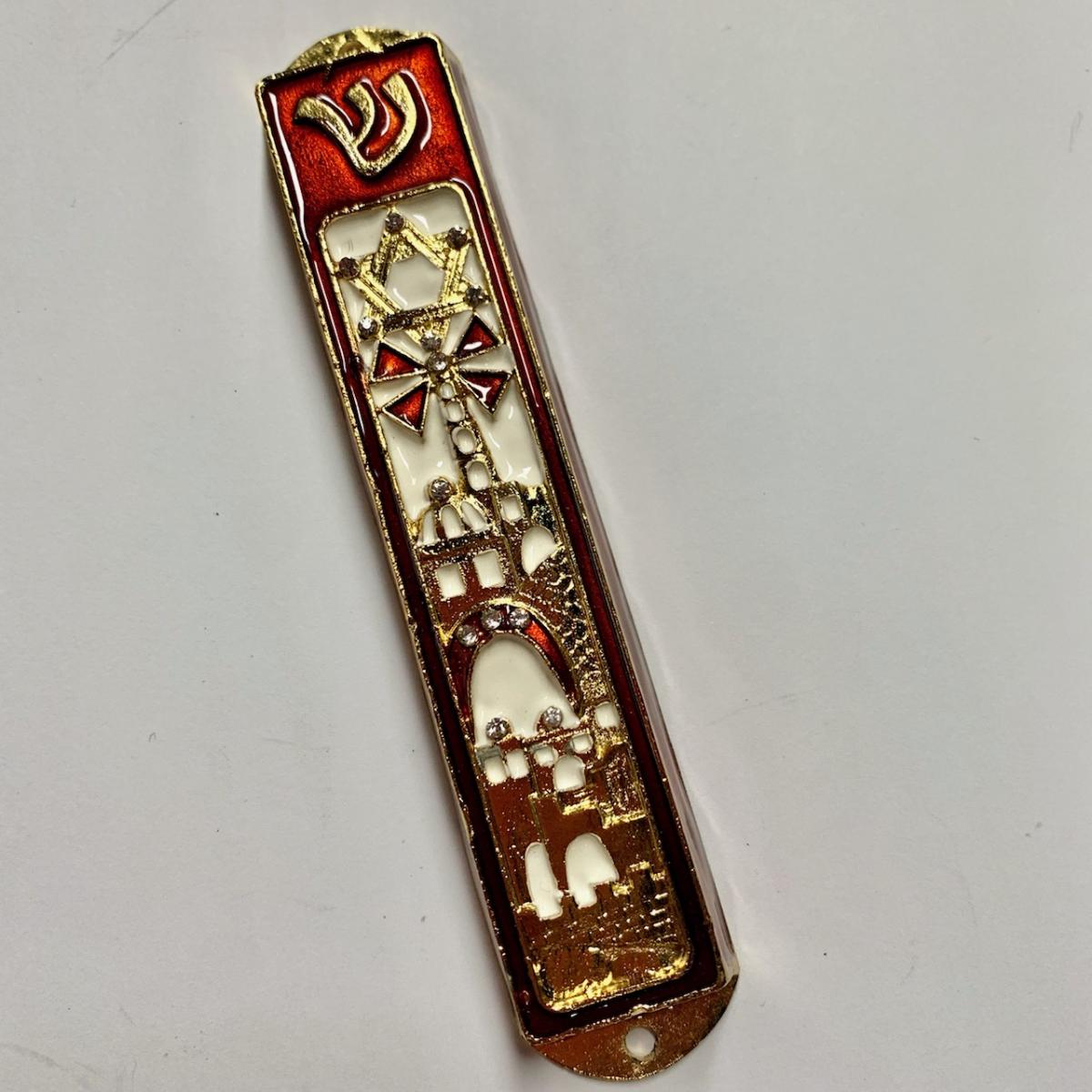 1 LEFT! Holy City with Jeweled Star - 5" - Red with White Accent Mezuzah