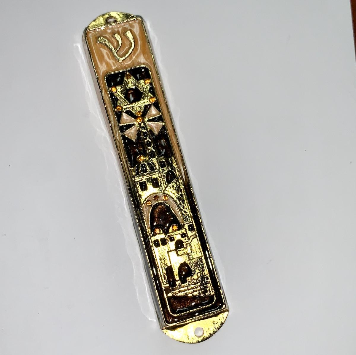 1 LEFT! Holy City with Jeweled Star of David,  5"  Amber Mezuzah