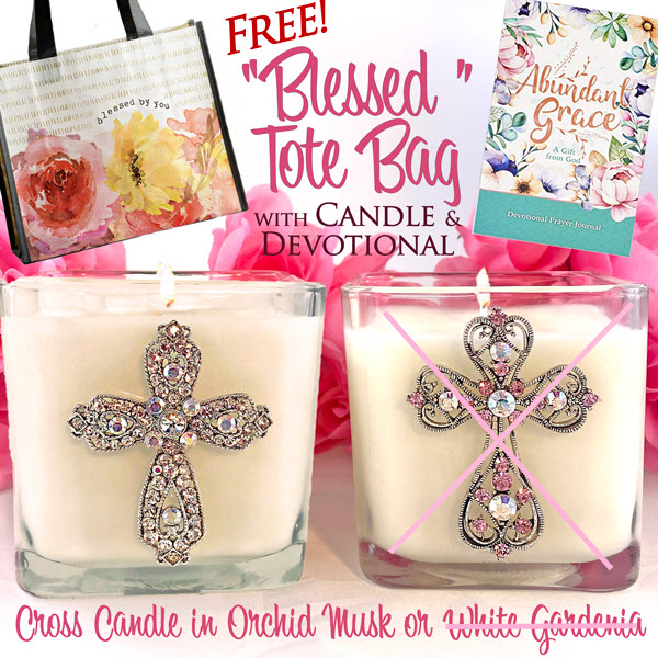 1 LEFT! FREE "BLESSED" TOTE BAG WITH JEWELED CROSS CANDLE IN ORCHID MUSK
