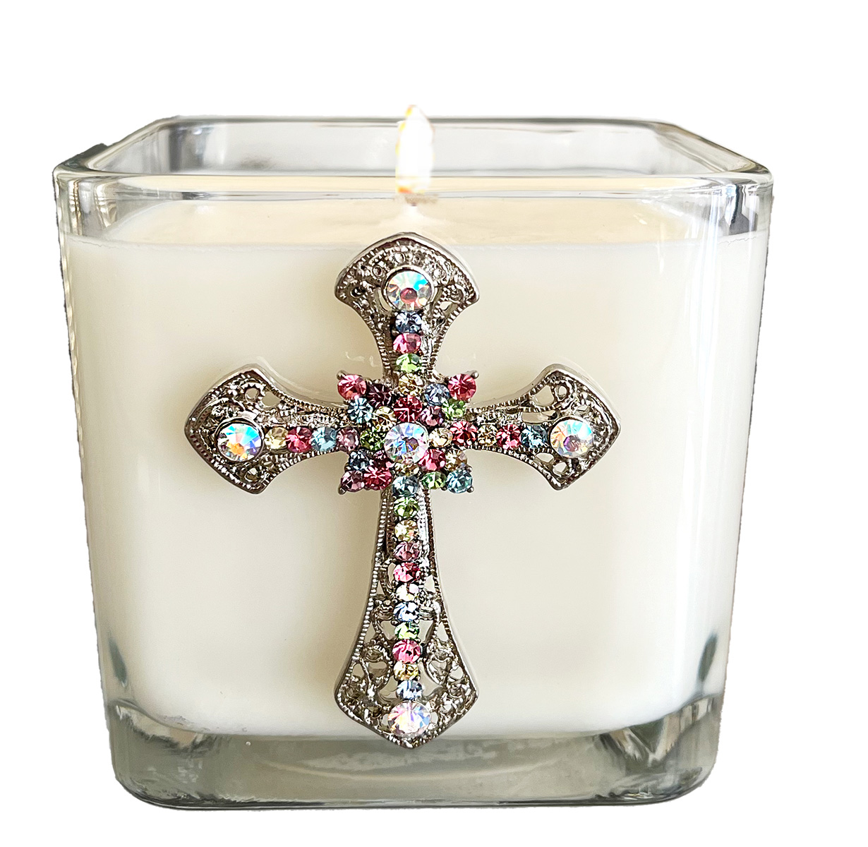 COVENANT - JEWELED MULTI COLOR CROSS CANDLE