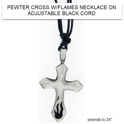 PEWTER CROSS W/FLAMES NECKLACE ON ADJUSTABLE BLACK CORD