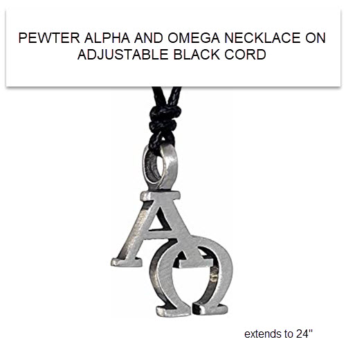 PEWTER ALPHA/OMEGA NECKLACE ON ADJUSTABLE BLACK CORD