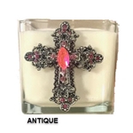 1 LEFT! ROSE - JEWELED CROSS CANDLE - ANTIQUE