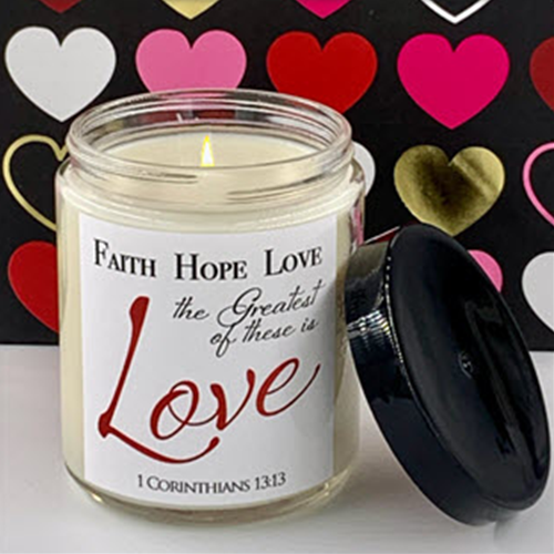 "FAITH HOPE LOVE" GLASS CANDLE WITH LID - POMEGRANATE/PLUM
