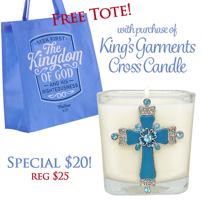 FREE TOTE WITH KING'S GARMENTS BLUE CROSS CANDLE