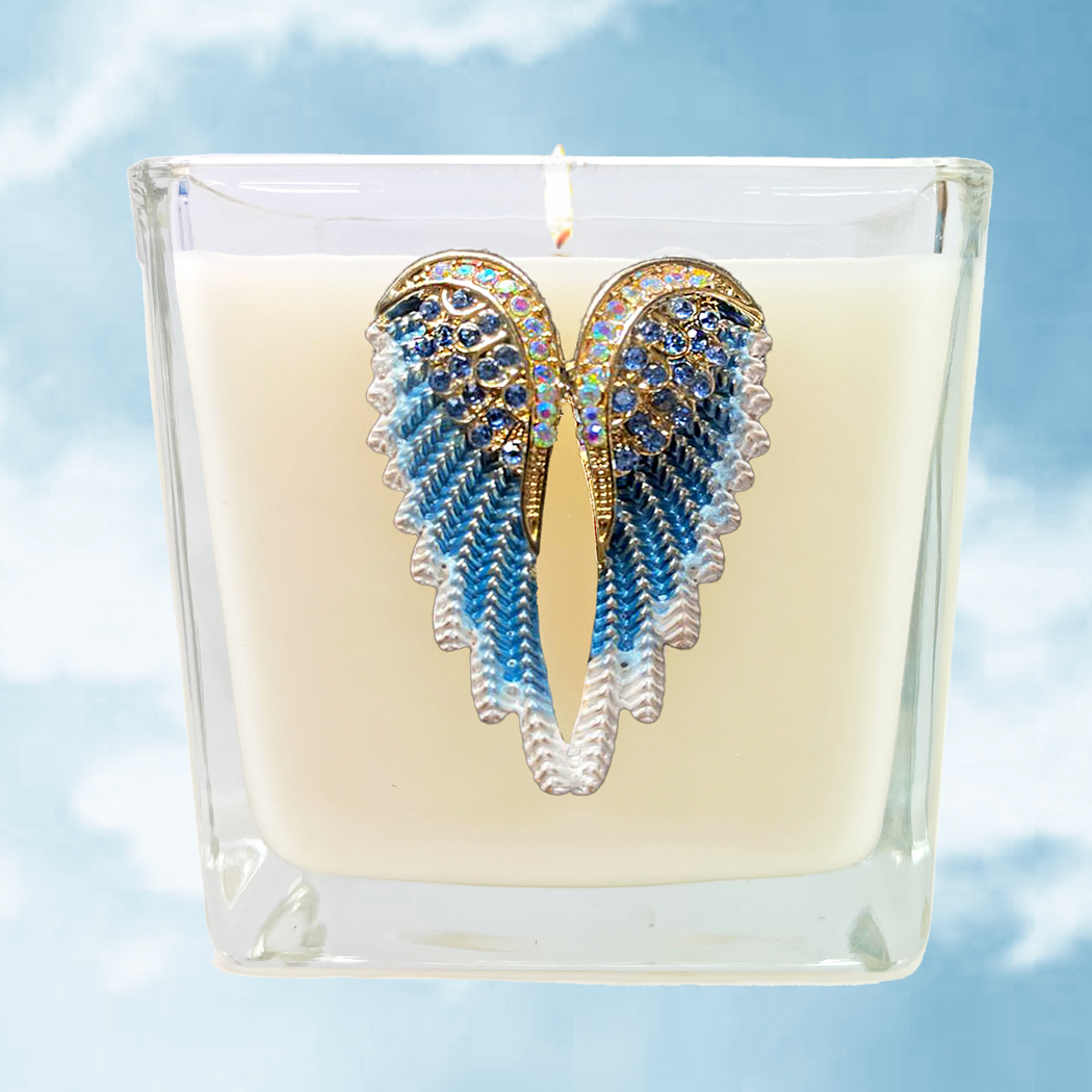 JEWELED ANGEL WINGS CANDLE- BLUE