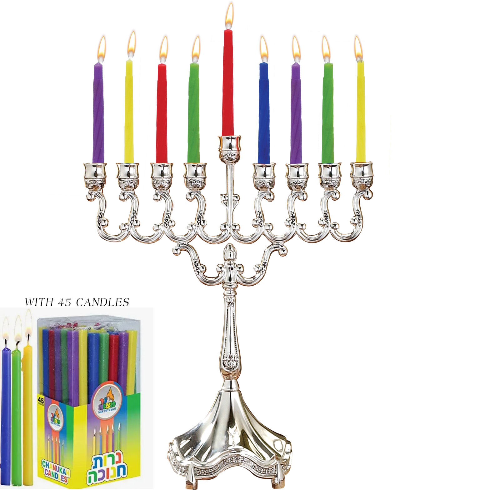 HANUKKIAH - 9-BRANCH MENORAH, SILVER PLATED W/ 45 CANDLES