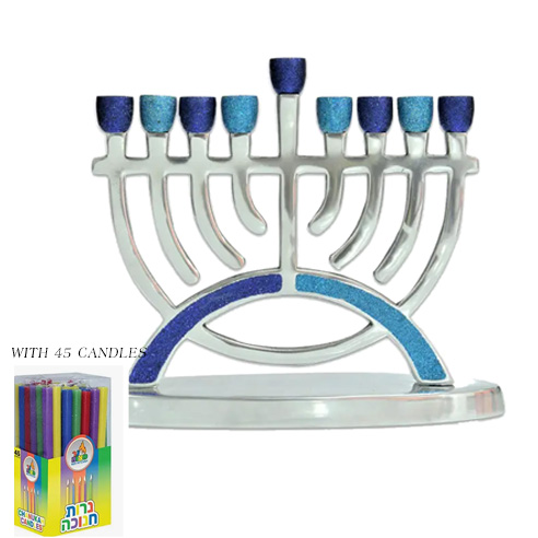 HANUKKIAH - 9-BRANCH MENORAH, BLUE & SILVER  W/ 45 CANDLES