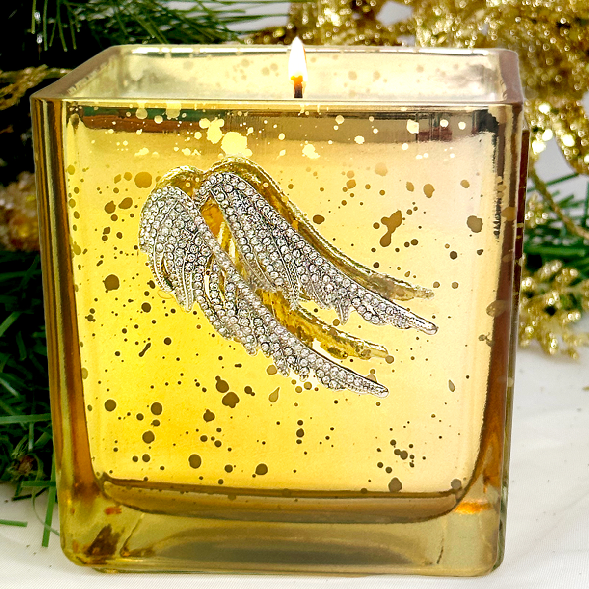 MERCURY GLASS CANDLE - SILVER RHINESTONE WINGS  "GIFTS OF THE MAGI"