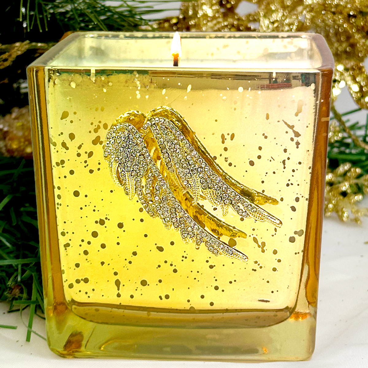 MERCURY GLASS CANDLE - GOLD RHINESTONE WINGS  "GIFTS OF THE MAGI"