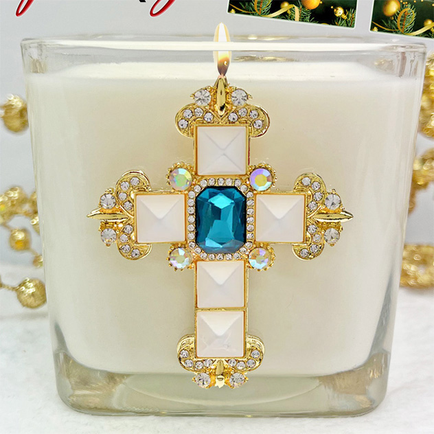 KING'S GARMENTS JEWELED PEARL CROSS CANDLE