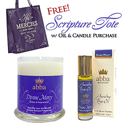 FREE - NEW MERCIES TOTE WITYH DIVINE MERCY 1/3OZ OIL AND TEMPLE JAR CANDLE