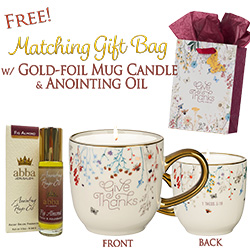 FREE! GIFT BAG W/ GOLD FOIL MUG CANDLE & 1/3 oz ROLLON OIL