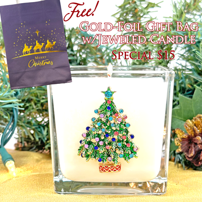 FREE GOLDEN MAGI GIFT BAG W/ JEWELED TREE CANDLE - WINTER WONDERLAND