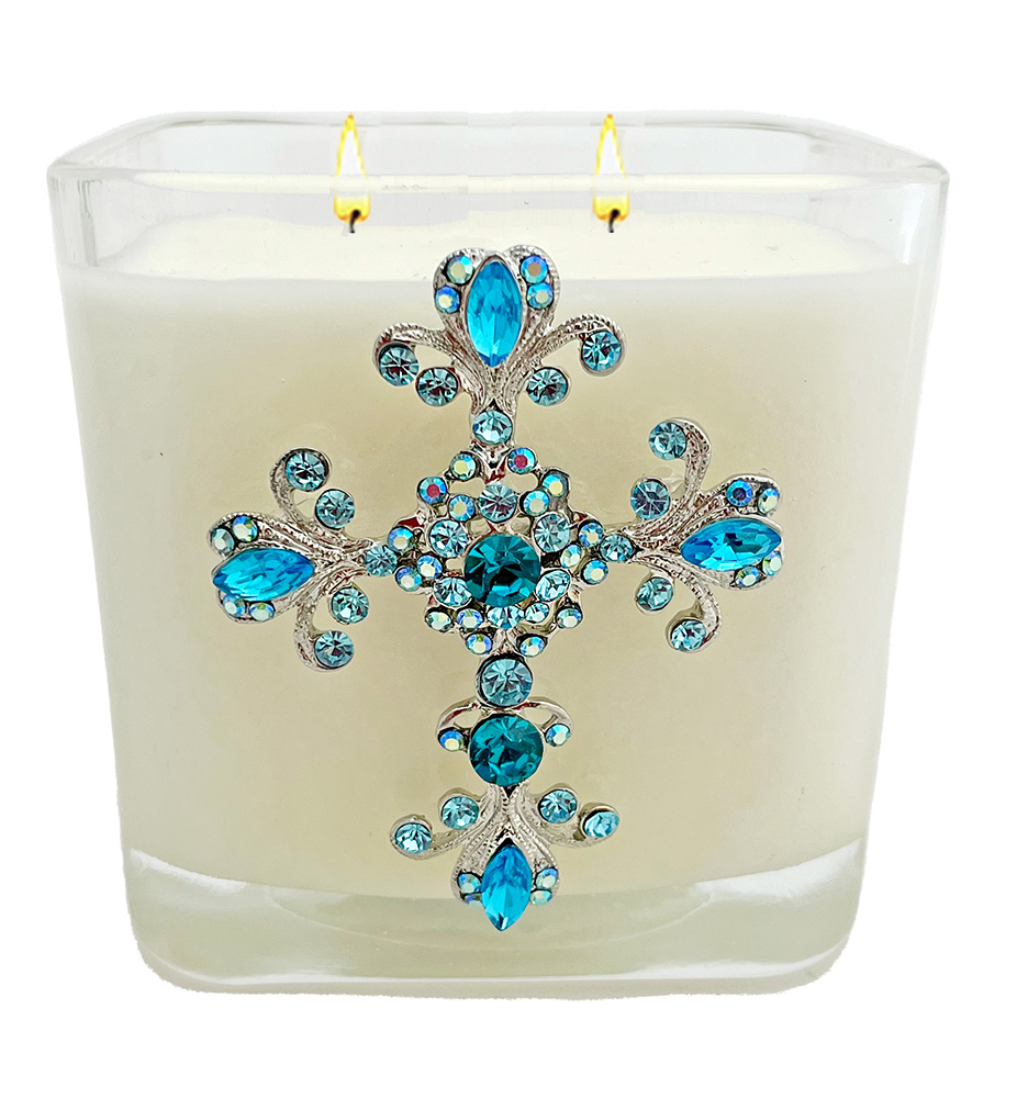 KING'S GARMENTS BLUE FLOURISH JEWELED CROSS CANDLE