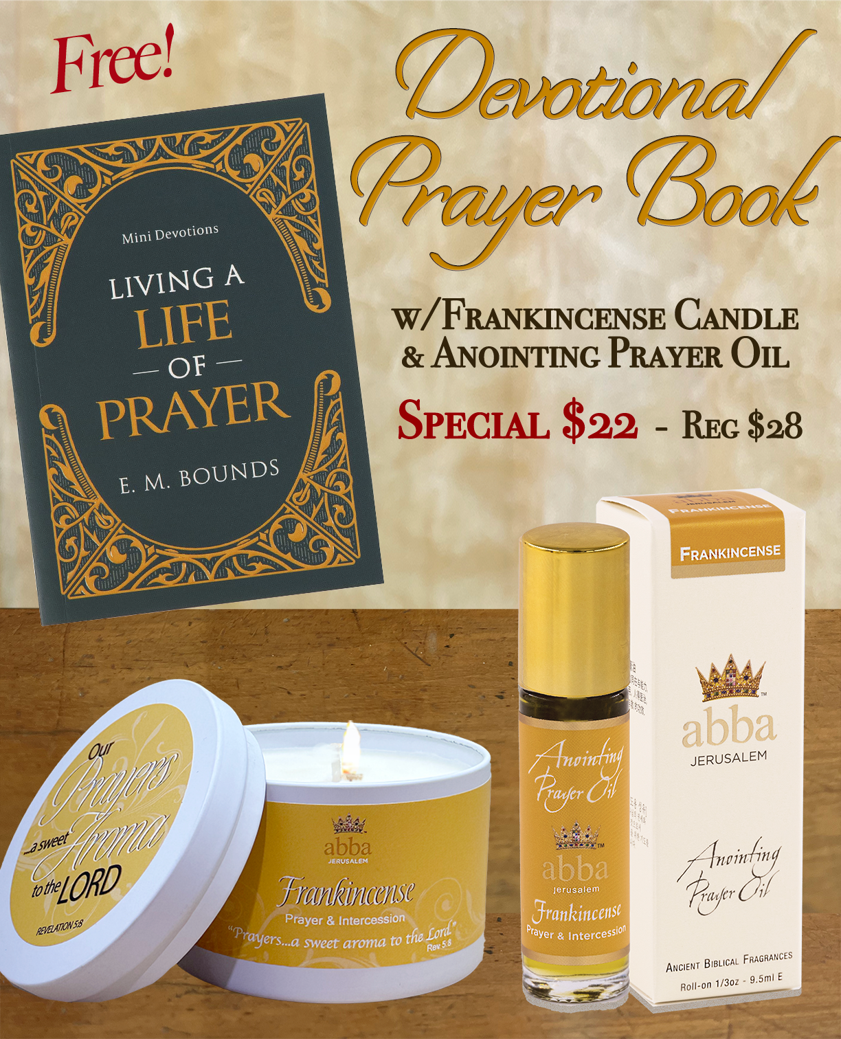 FREE DEVOTIONAL PRAYER BOOK WITH FRANKINCENSE 1/3 oz ROLLON OIL & CANDLE