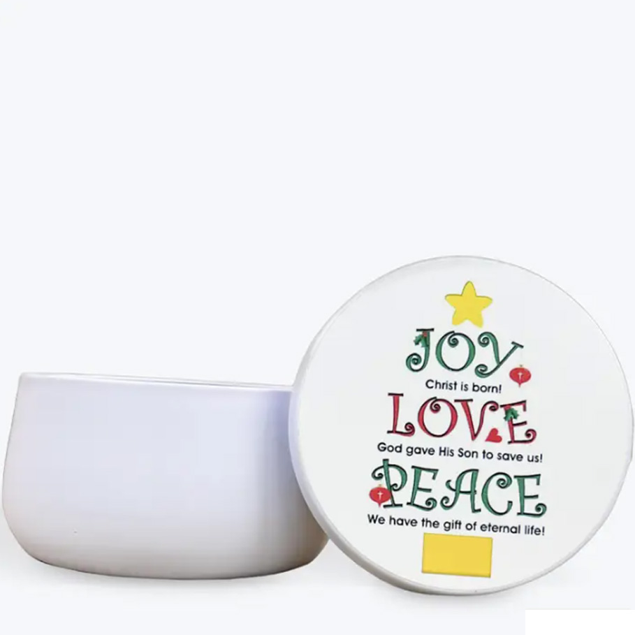 70% OFF "JOY LOVE PEACE" CURVED CANDLE TIN - HOLLY BERRY 8 oz