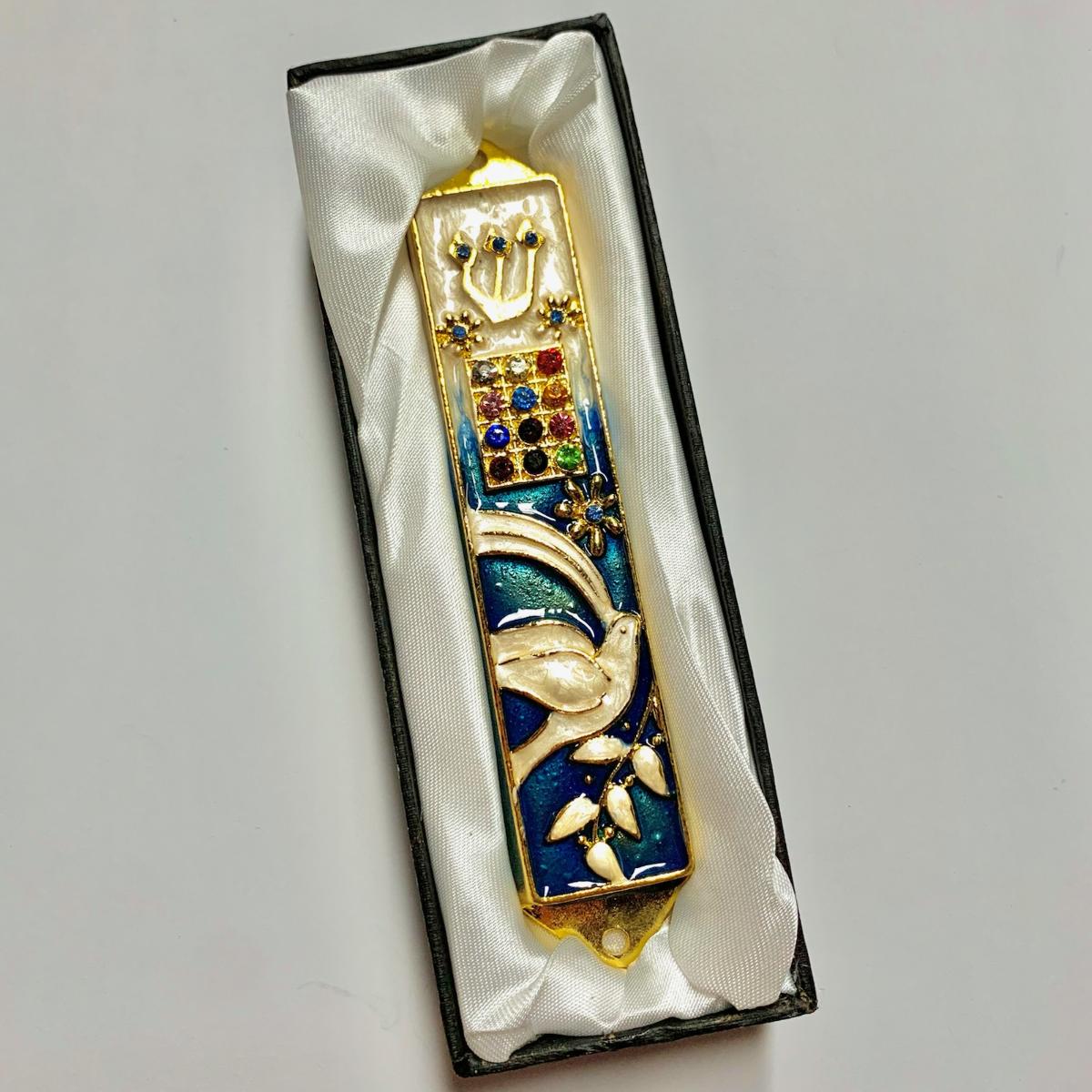 Mezuzah - Dove with Olive Branch with Adorned Hoshen - BLUE