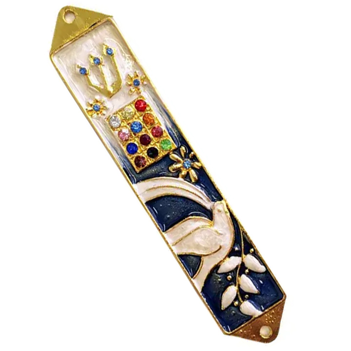 Mezuzah - Dove with Olive Branch with Adorned Hoshen - BLUE