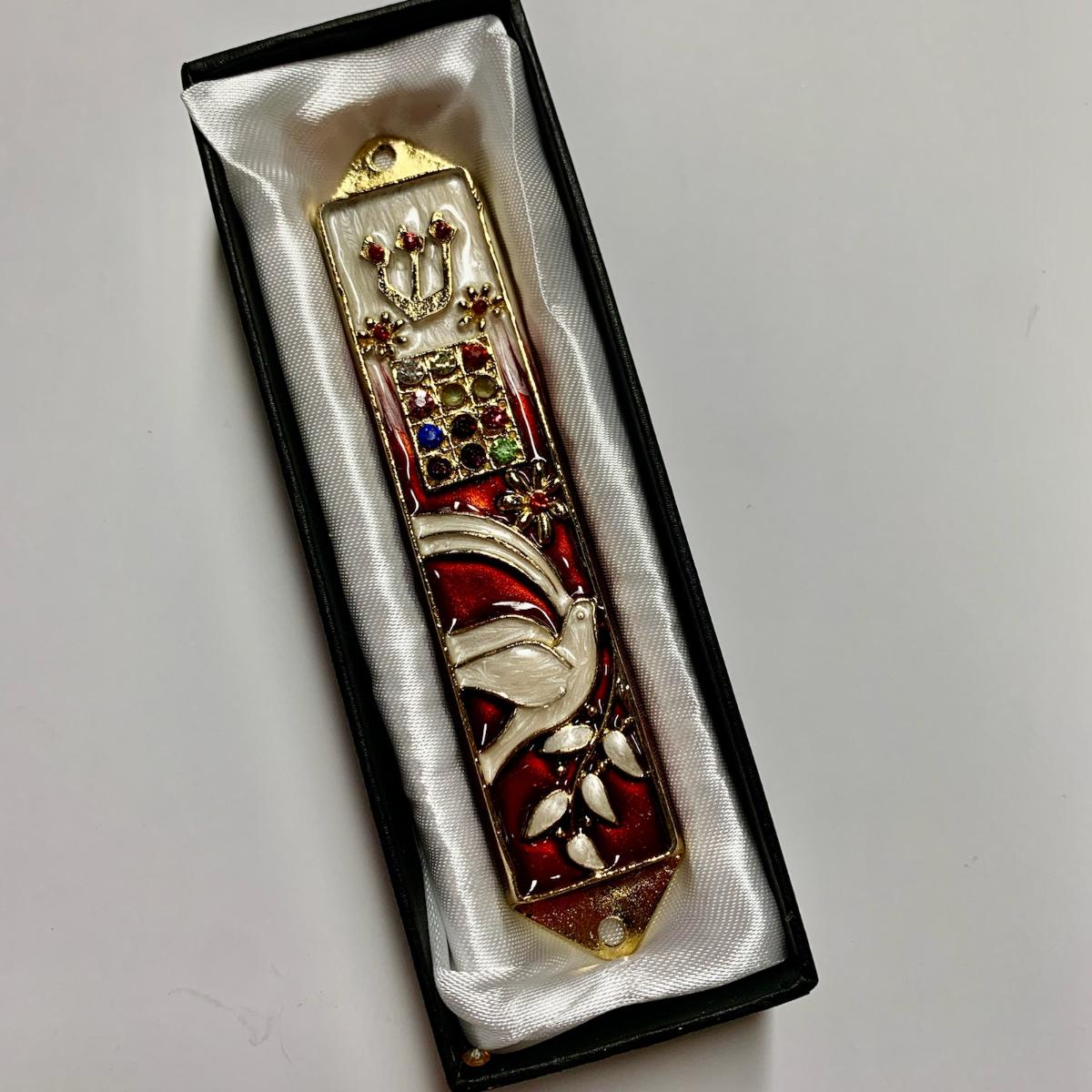 Mezuzah - Dove with Olive Branch with Adorned Hoshen - RED