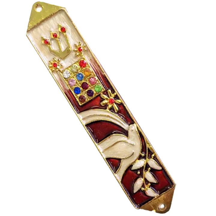 Mezuzah - Dove with Olive Branch with Adorned Hoshen - RED