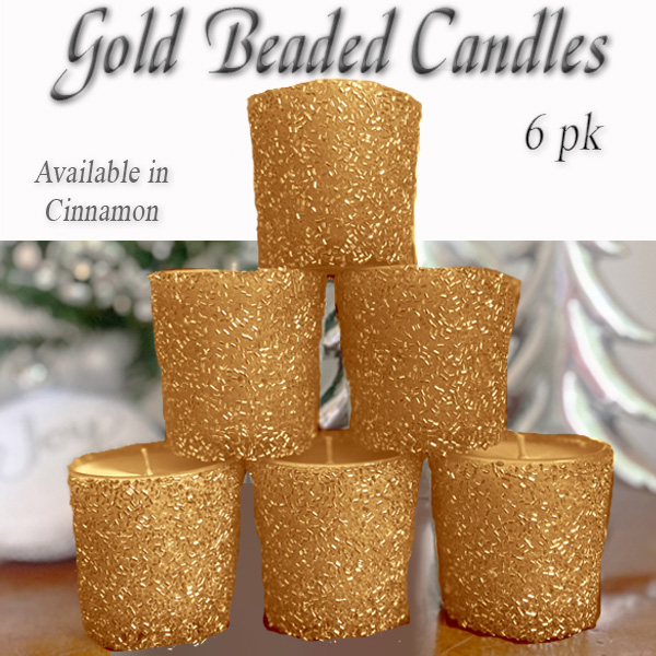 HOLIDAY SHIMMERING GOLD BEADED CANDLES - 6 PK CINNAMON