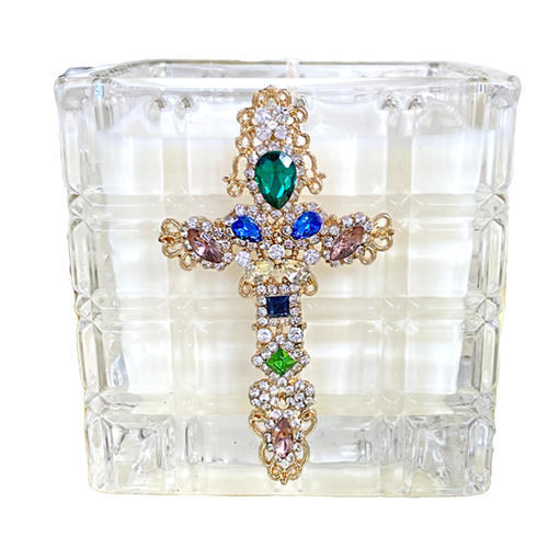BEVELED GLASS CROSS CANDLE - GOLD