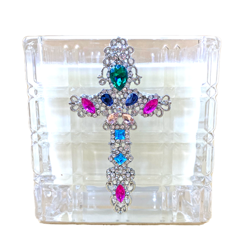 BEVELED GLASS CROSS CANDLE - SILVER