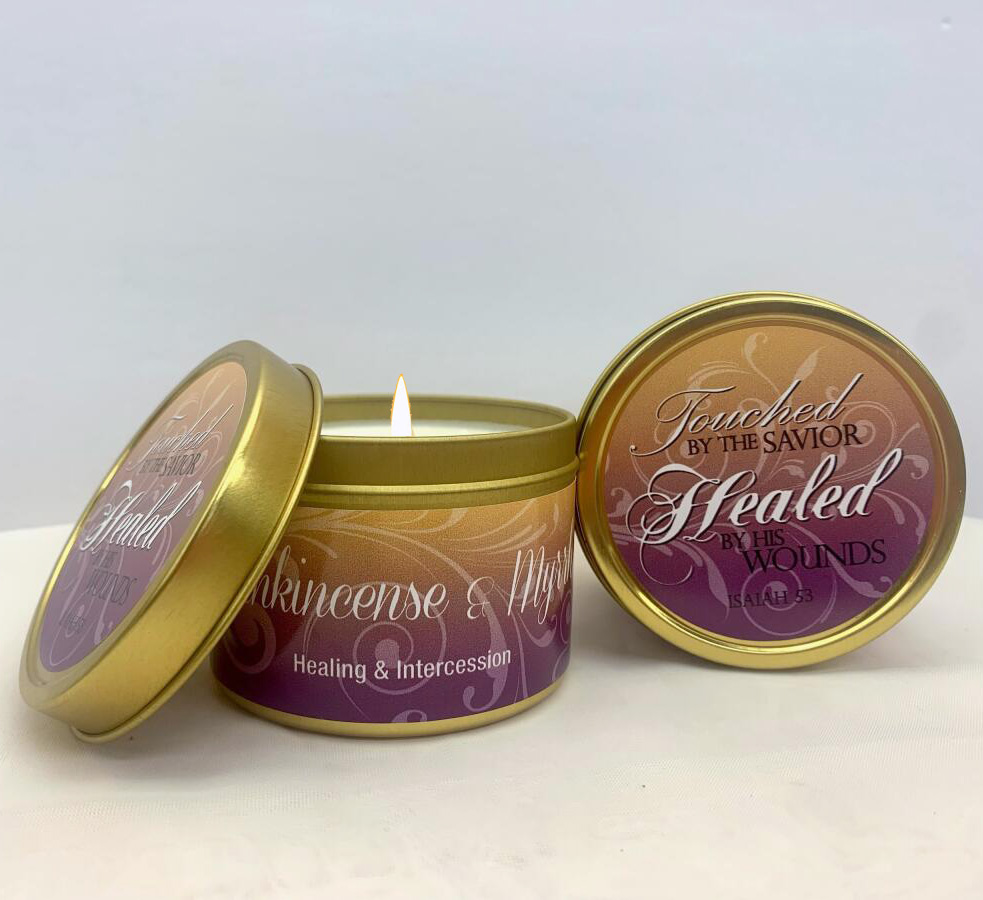 FRANKINCENSE and MYRRH SCRIPTURE GOLD TIN - "HEALED BY HIS WOUNDS"