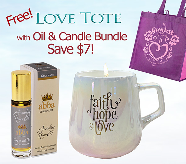 FREE TOTE  W/ FAITH HOPE & LOVE MUG CANDLE & 1/3 oz ROLLON COVENANT OIL