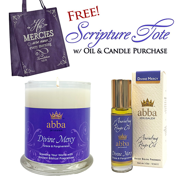 FREE - NEW MERCIES TOTE WITYH DIVINE MERCY 1/3OZ OIL AND TEMPLE JAR CANDLE