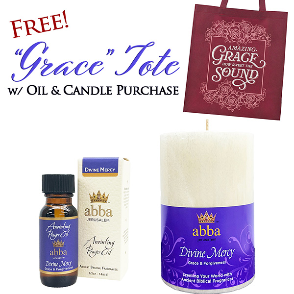 FREE "GRACE" TOTE WITH DIVINE MERCY 1/2 OZ OIL & PILLAR CANDLE
